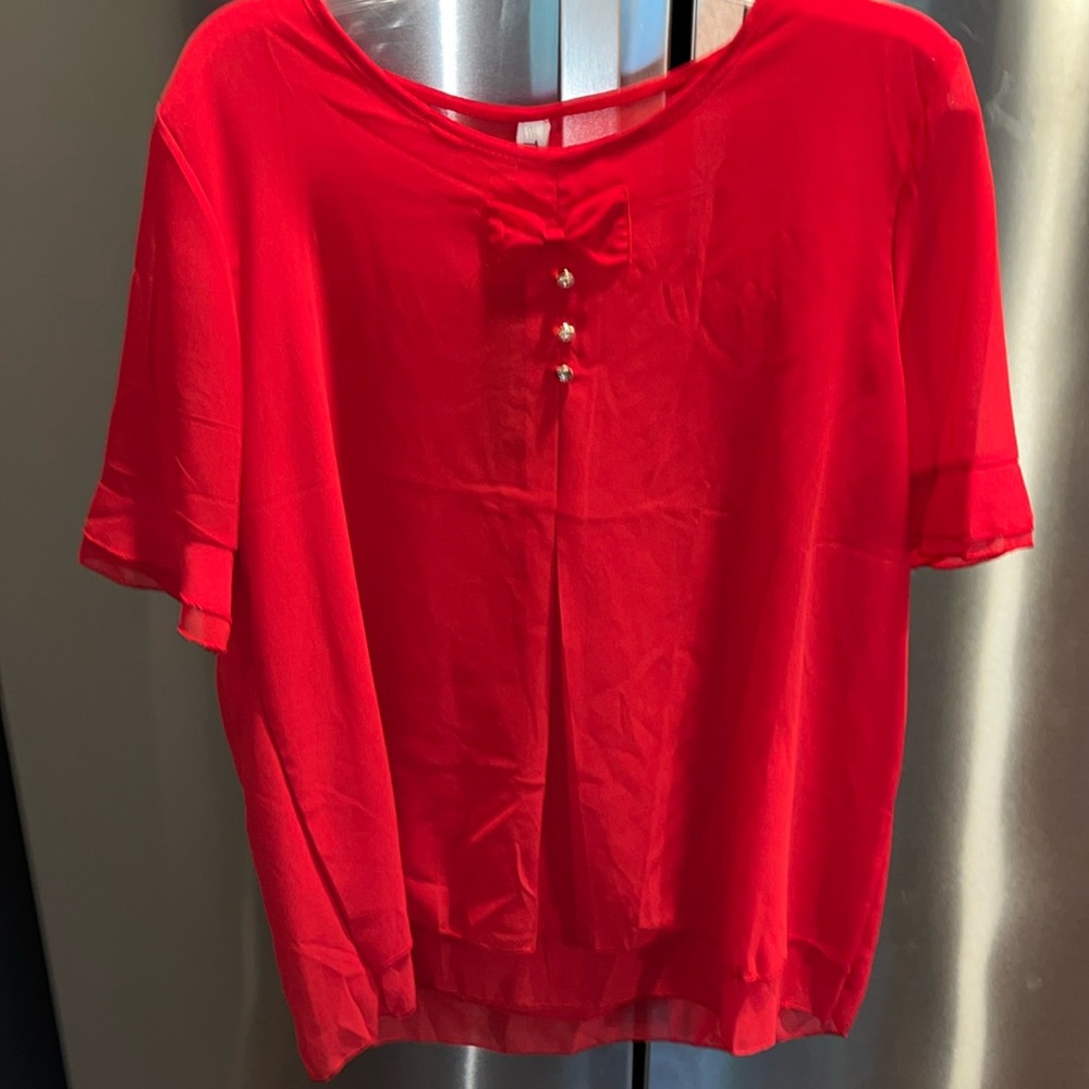 RED SHEER silk dressy blouse short flutter sleeve gem BOW TIE shirt women XL NEW